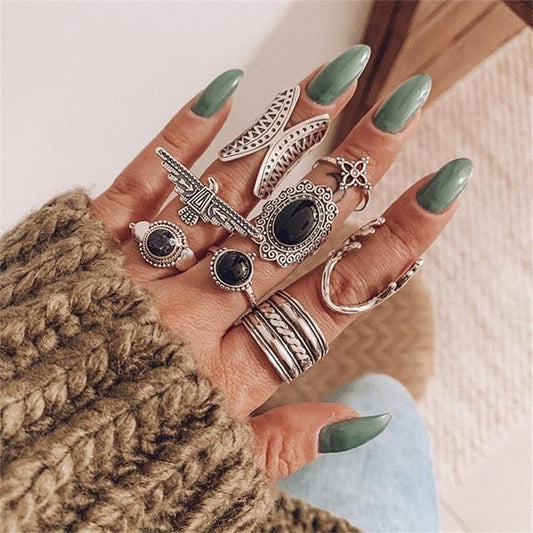 New Trendy Unique Black Onyx Butterfly Ring 8-piece Set