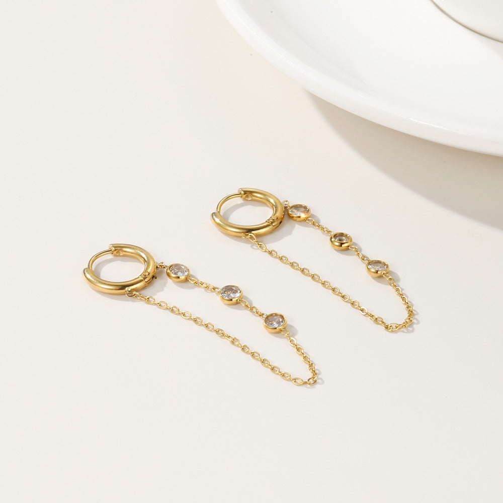Internet Hot Chain Zircon Tassel Titanium Steel Earrings