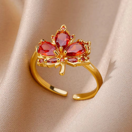 Zircon Red Maple Leaf Ring Female Fashion High Sense Opening Adjustable Design Index Finger Ring
